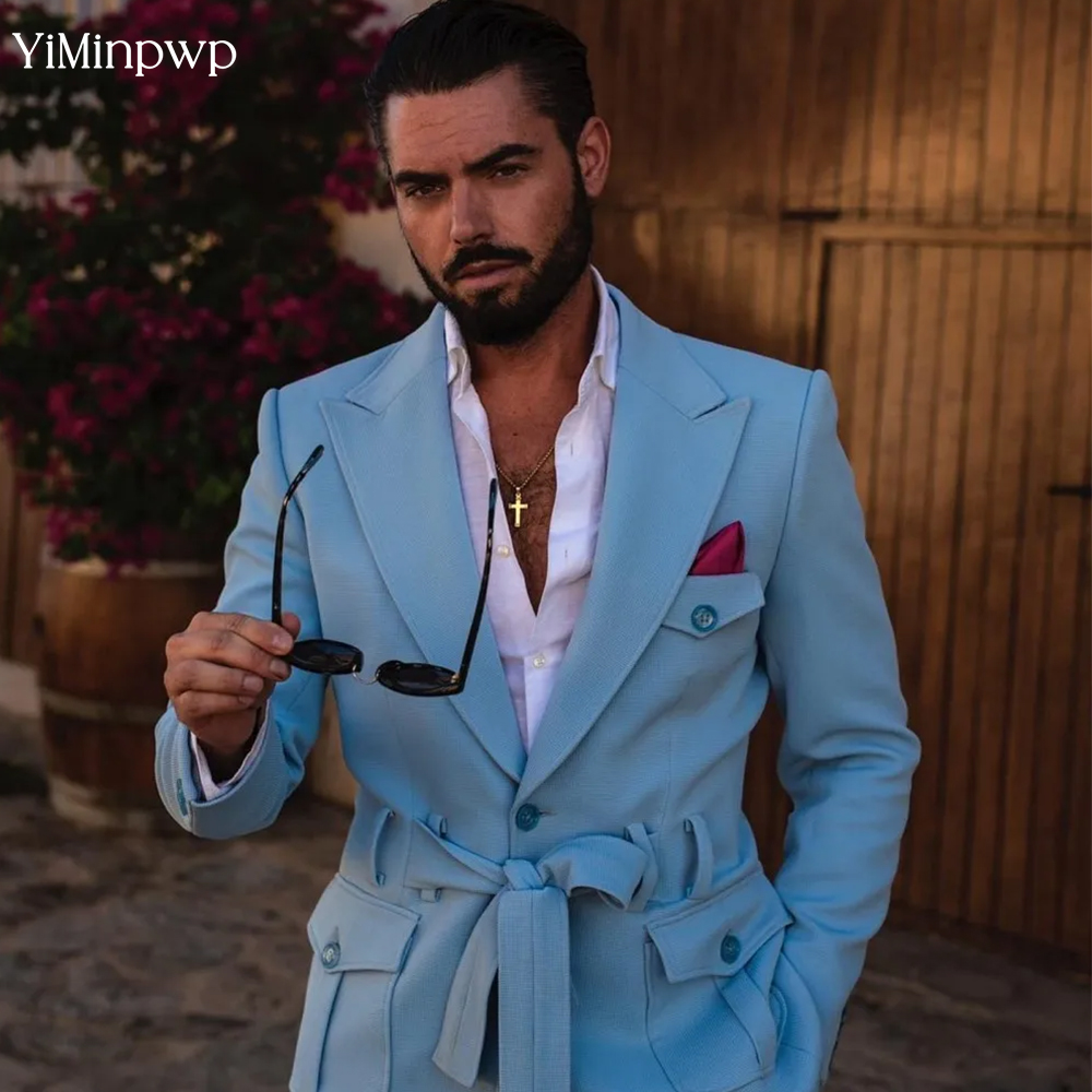 Men'S Holiday Formal Wear - Niebieskie garnitury męskie 2-częściowe letnie jednorzędowe