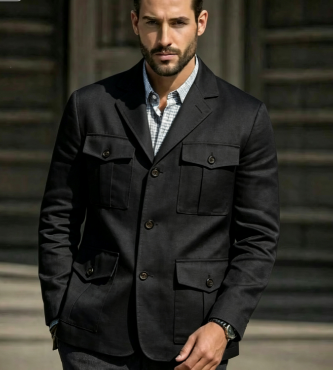 Men'S Formal Resort Wear - Niebieska lniana marynarka safari męska w