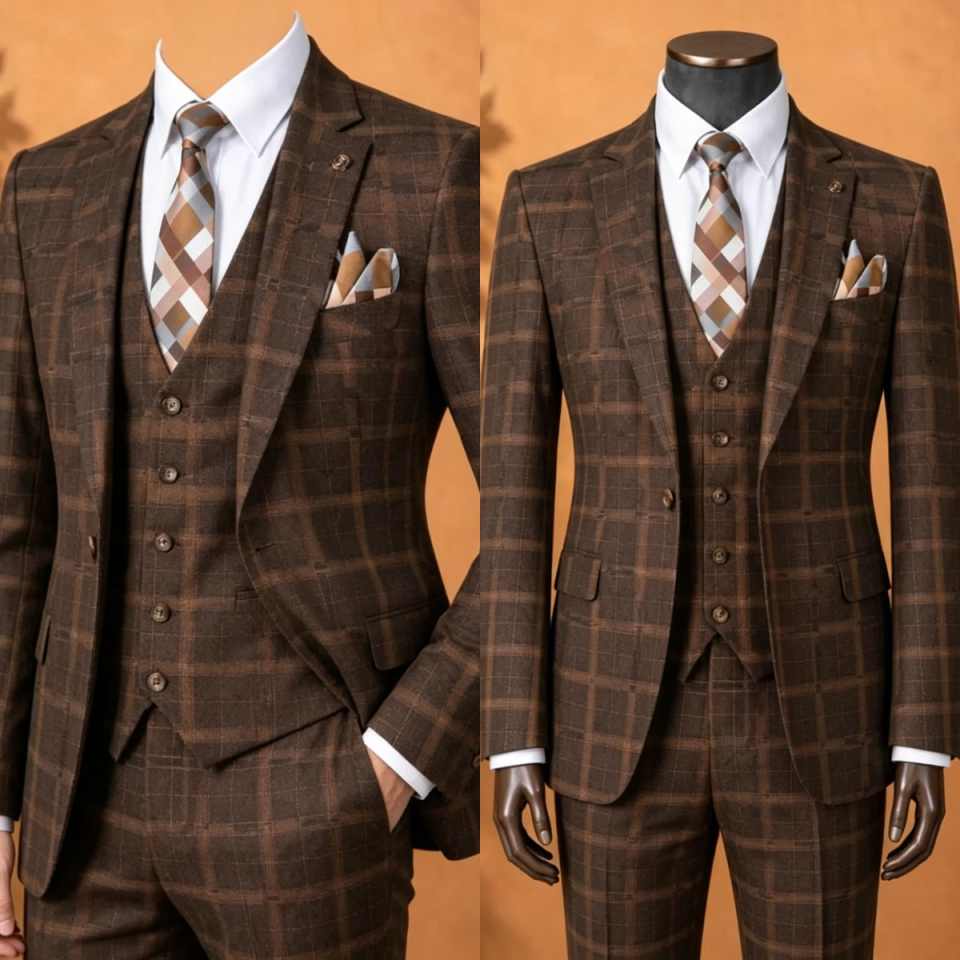 Men'S Formal Wear No Suit - Elegancki męski garnitur w brązową kratę,