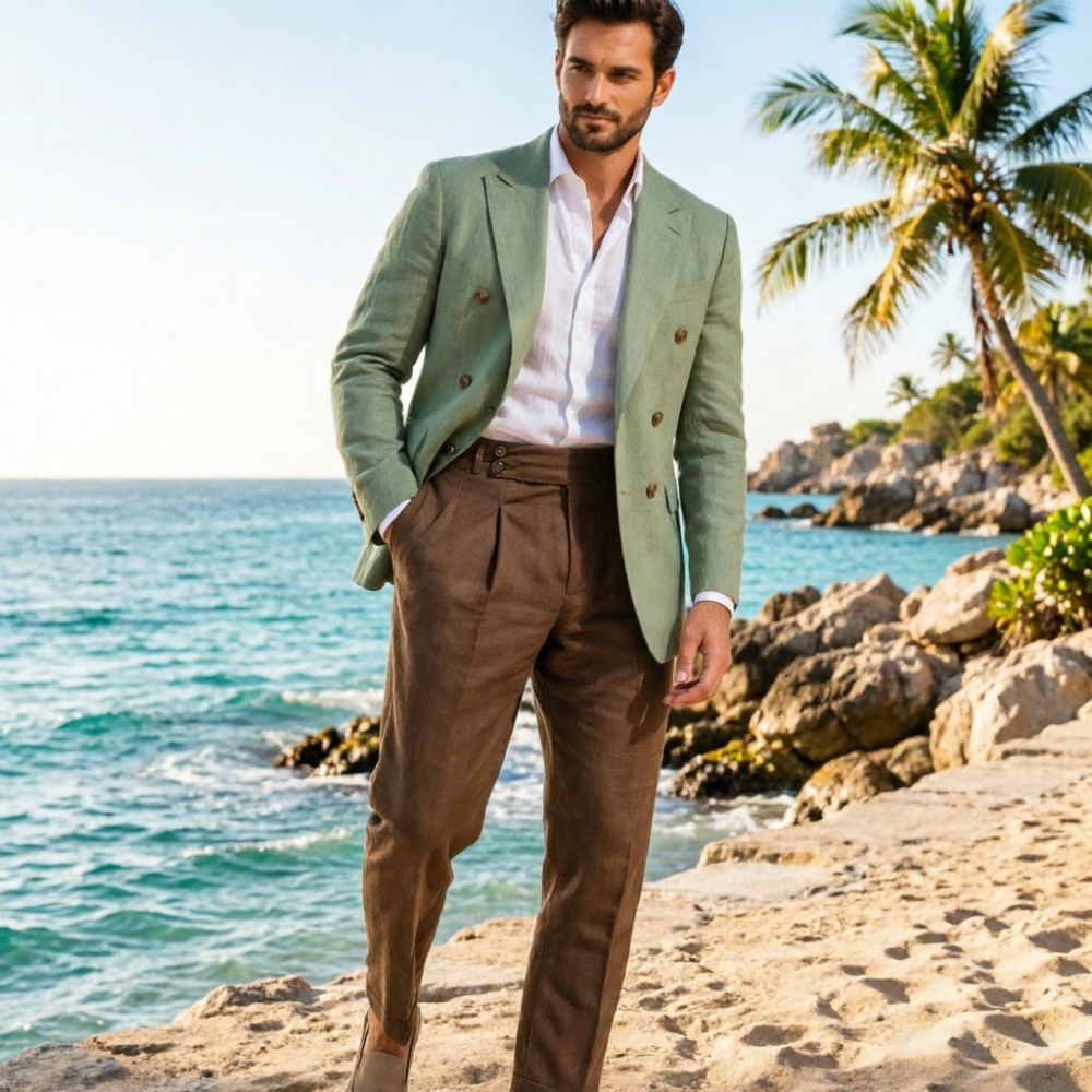 Men'S Holiday Formal Wear - Dwuczęściowy beżowy lniany garnitur męski dwurzędowy